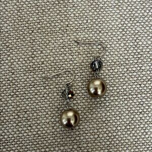 Vintage Gold-Tone Pearl Drop 925 Earrings with Smoke Crystal